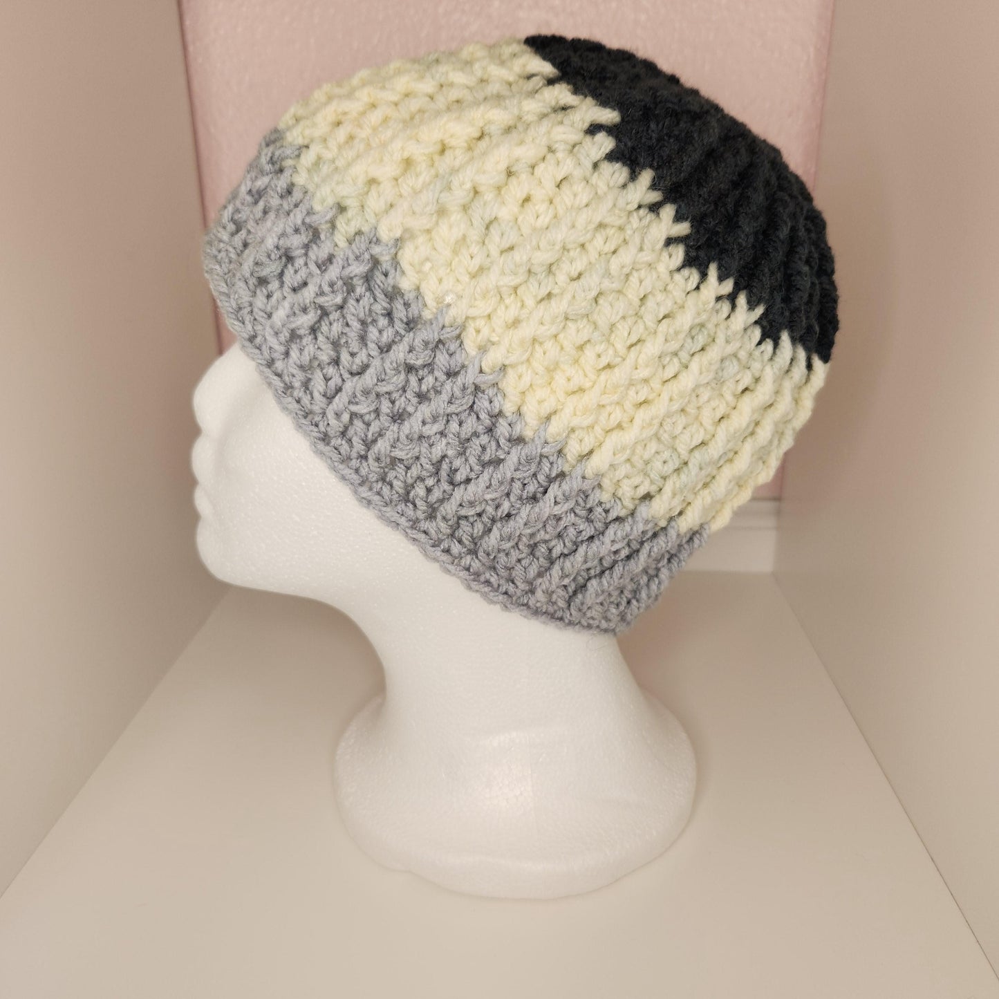 Tri-Colored Color Block Crochet Beanie