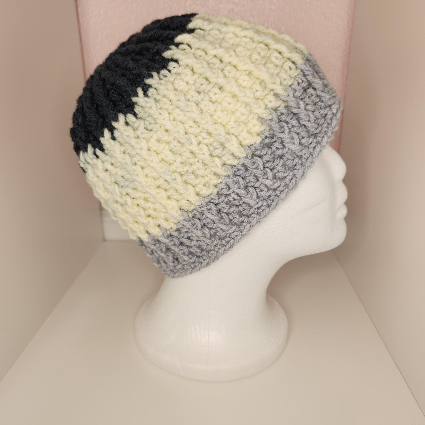 Tri-Colored Color Block Crochet Beanie
