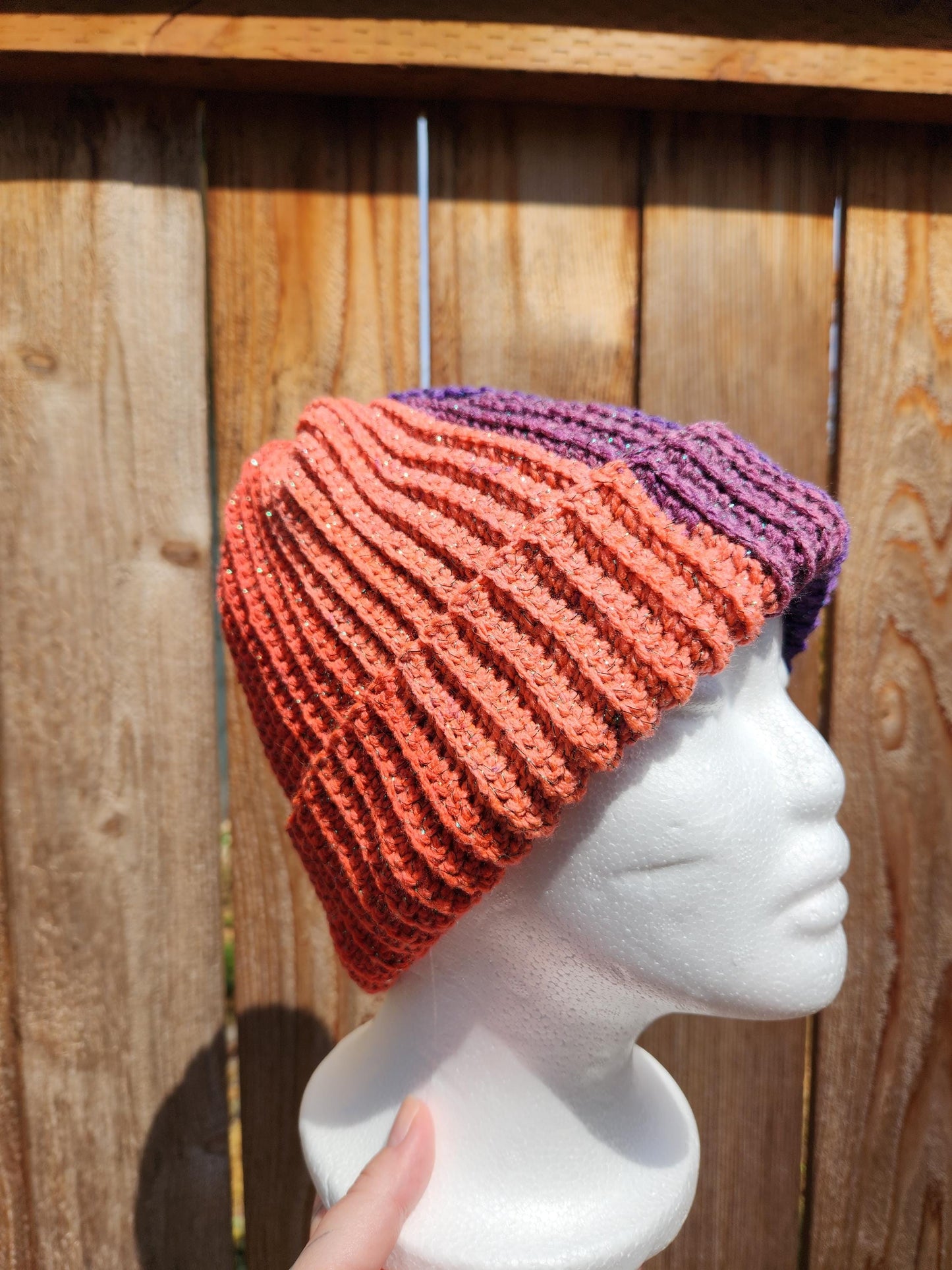 Crochet Ribbed Rainbow Sparkle Beanie