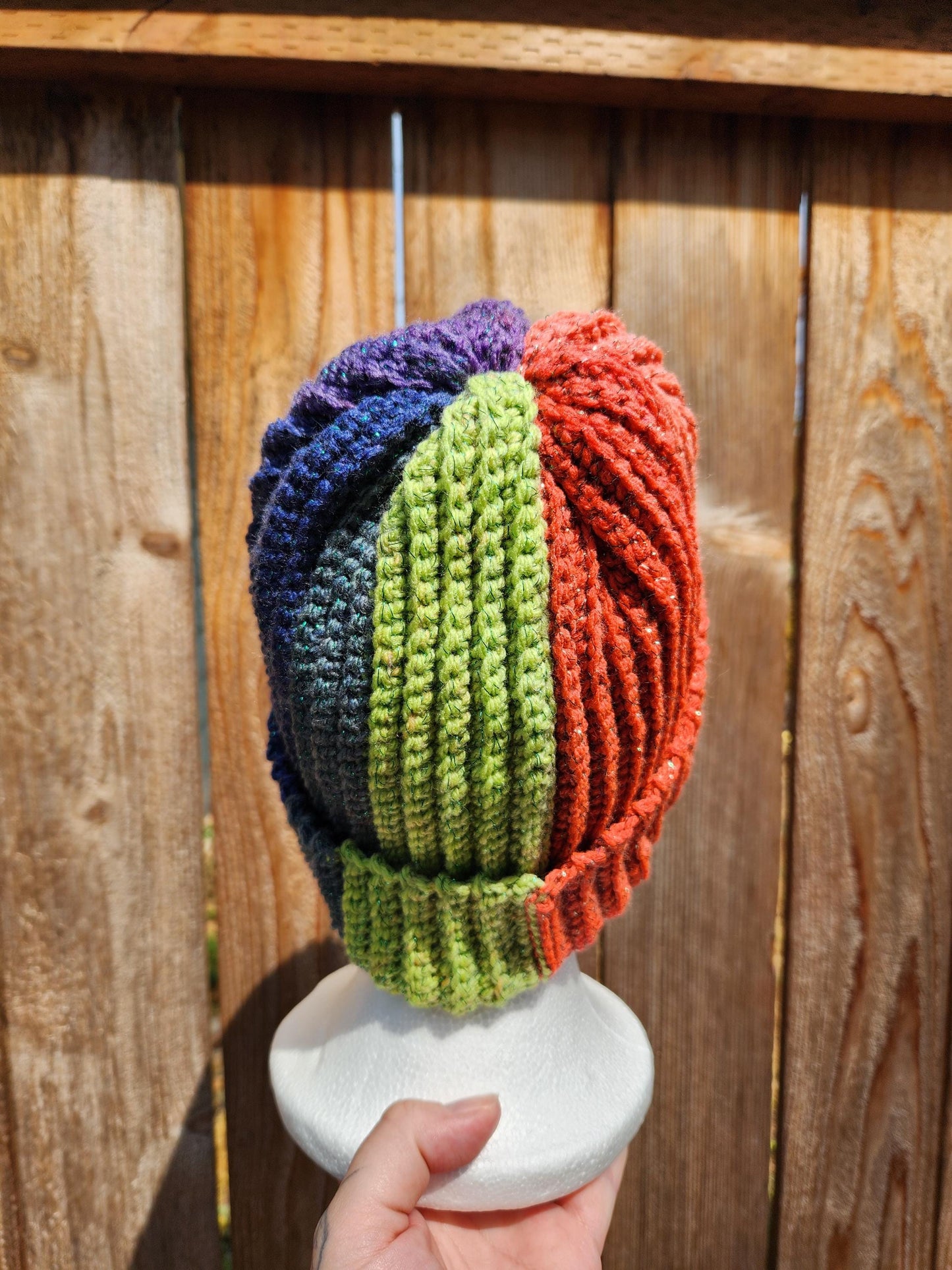 Crochet Ribbed Rainbow Sparkle Beanie