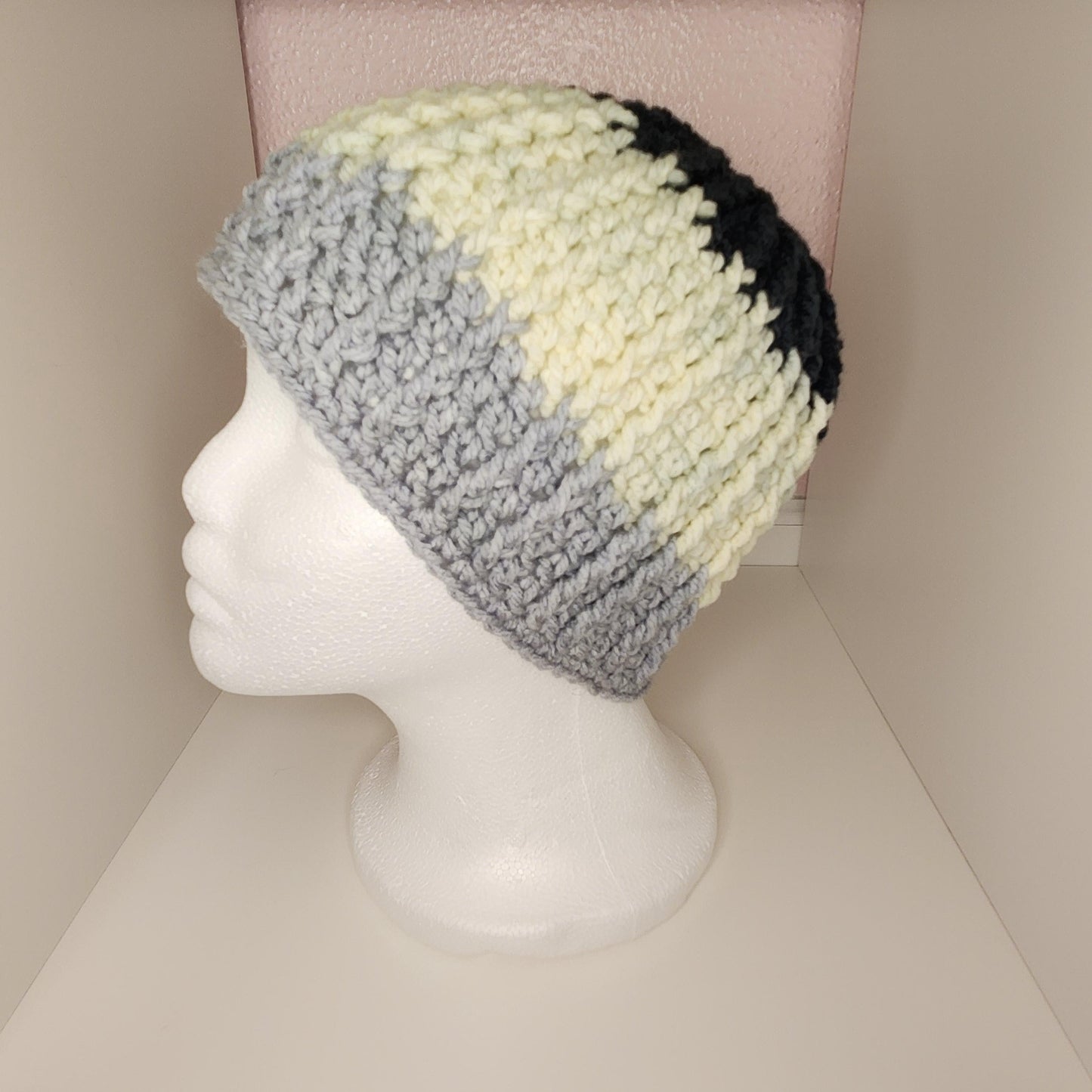Tri-Colored Color Block Crochet Beanie