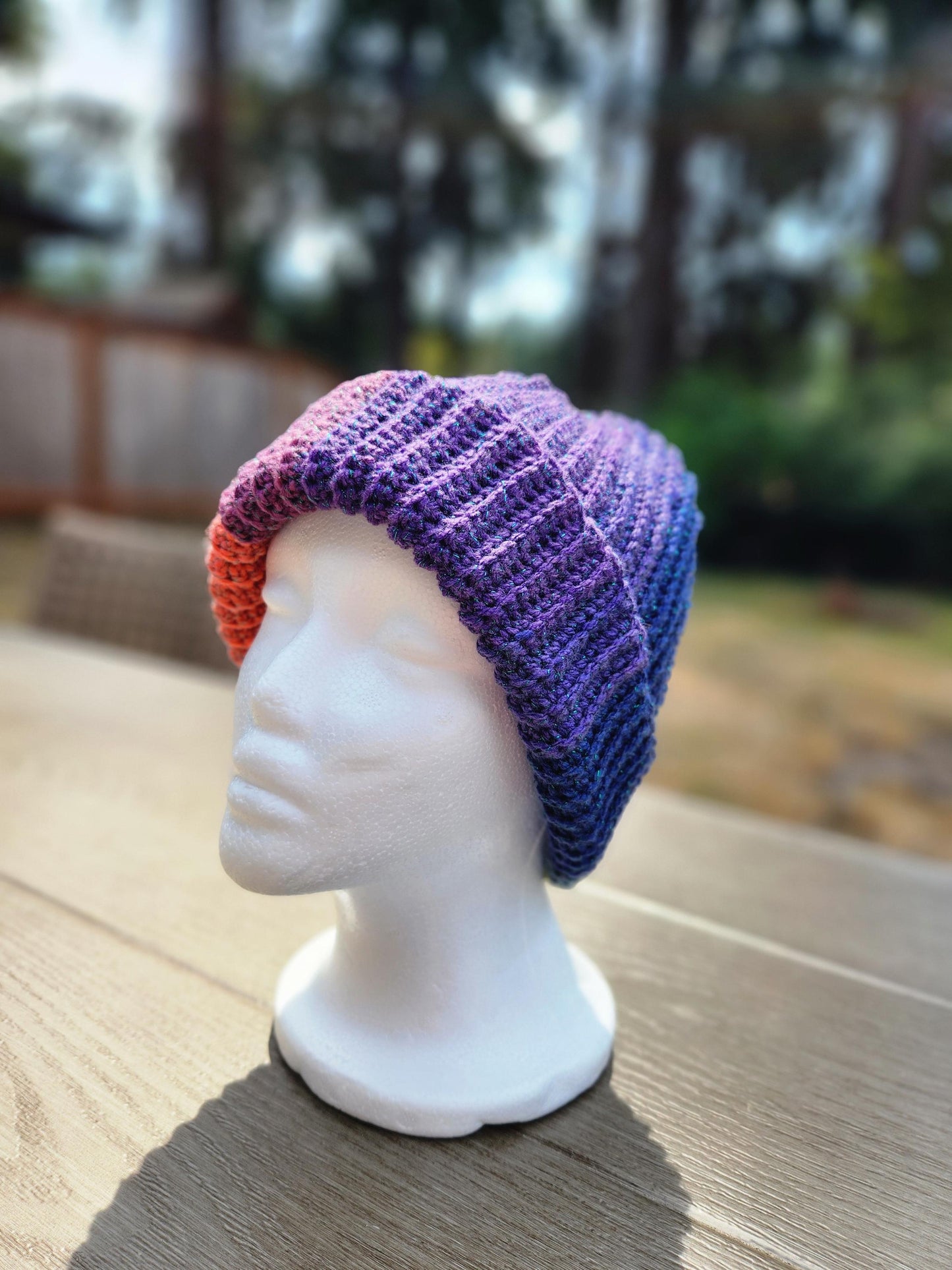 Crochet Ribbed Rainbow Sparkle Beanie