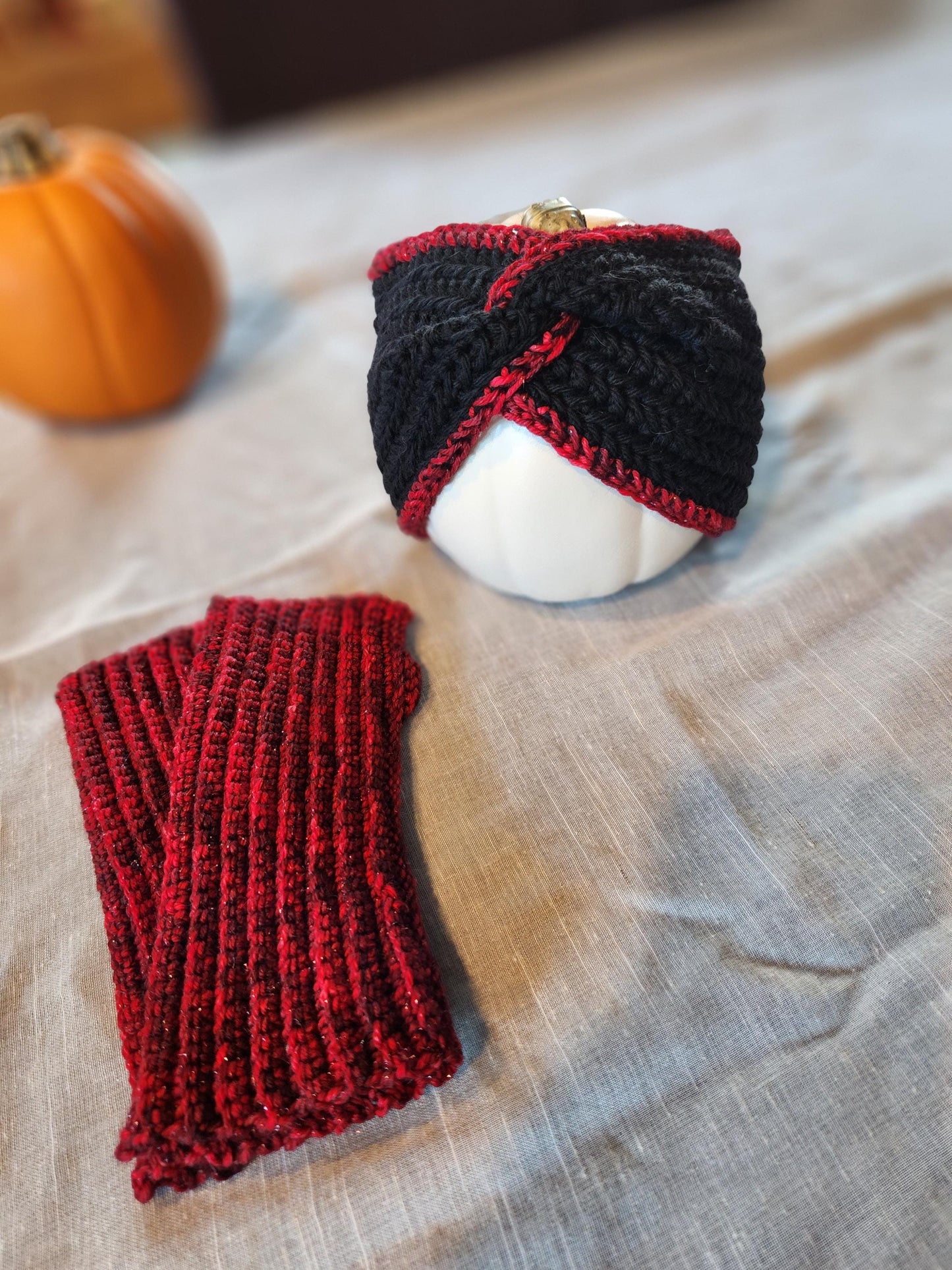 Crochet Hand-dyed Wool Ear Warmer and Fingerless Gloves Set