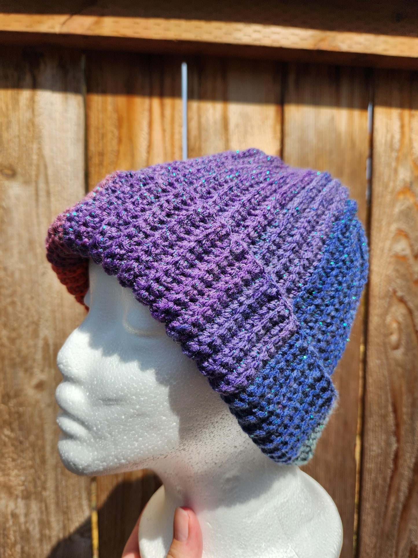 Crochet Ribbed Rainbow Sparkle Beanie