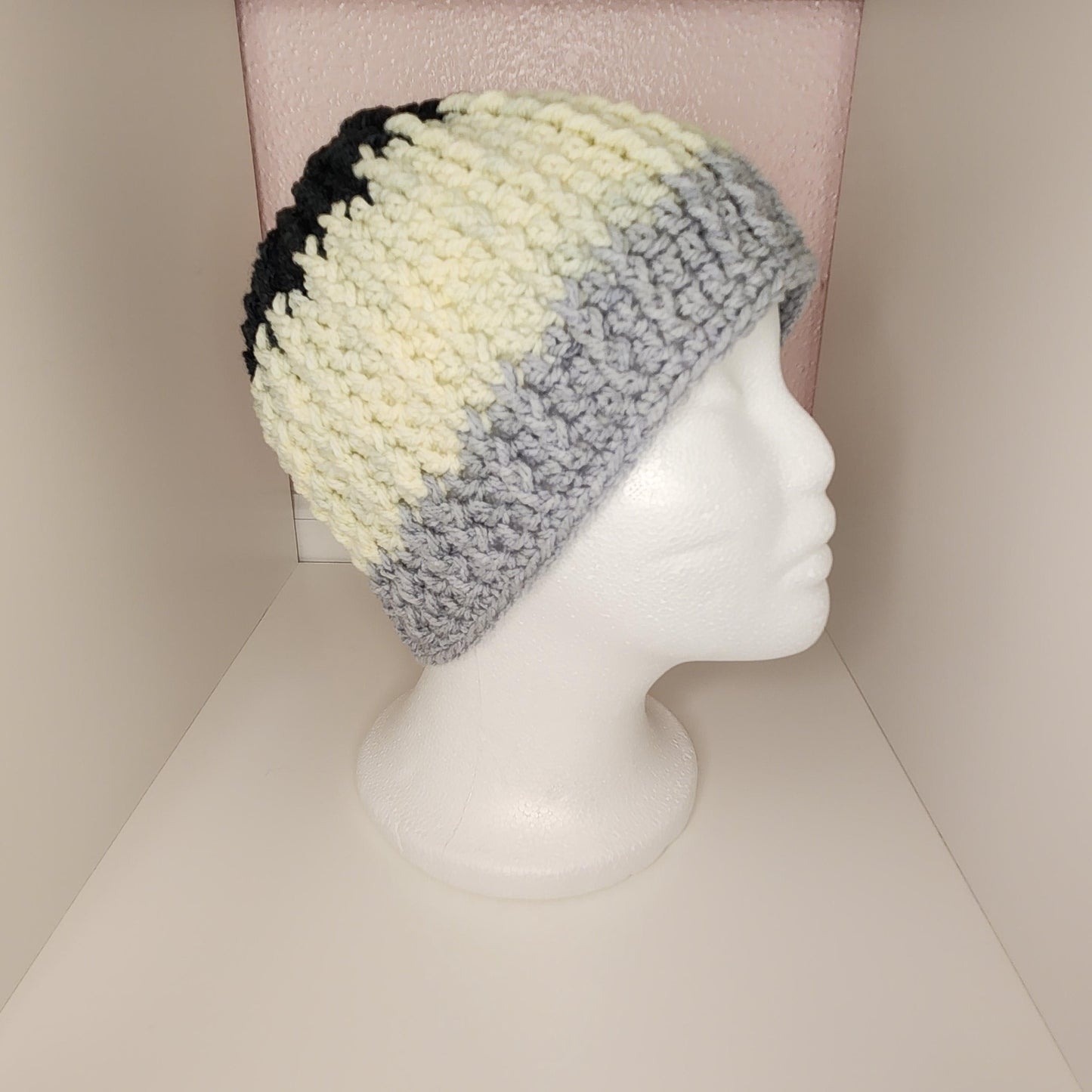Tri-Colored Color Block Crochet Beanie