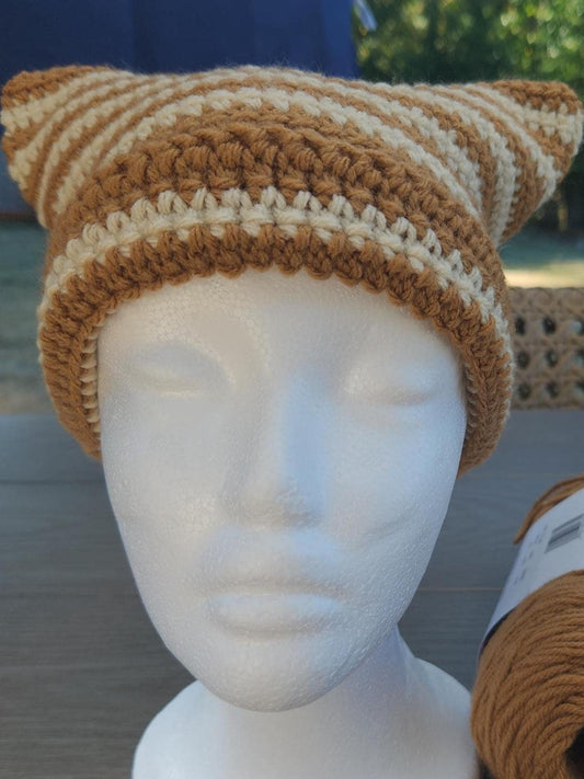 Coffeehouse Crochet Striped Cat Ear Beanie