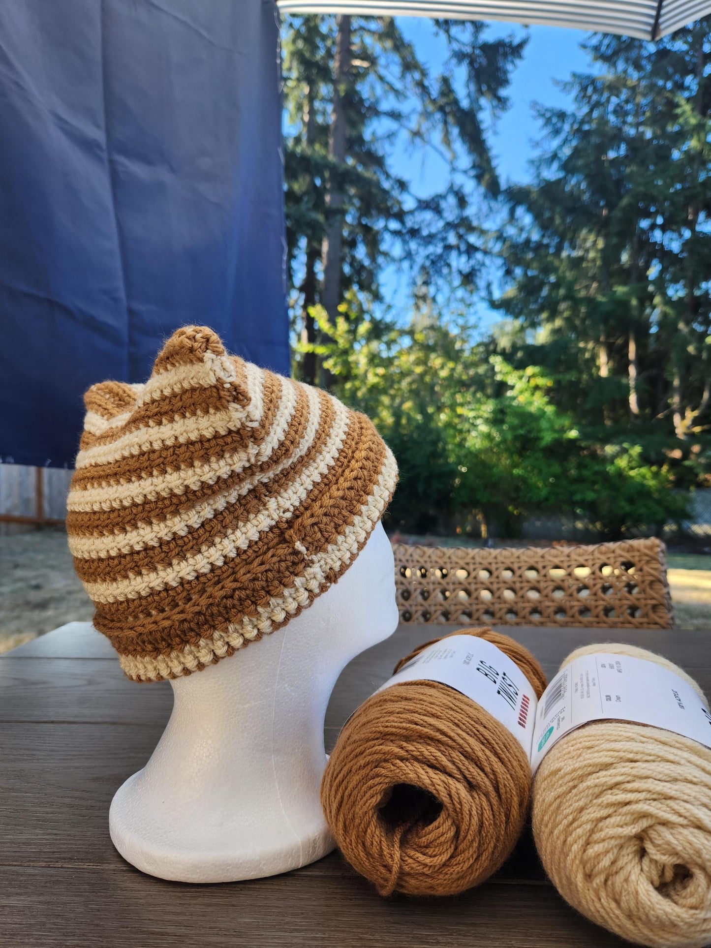Coffeehouse Crochet Striped Cat Ear Beanie