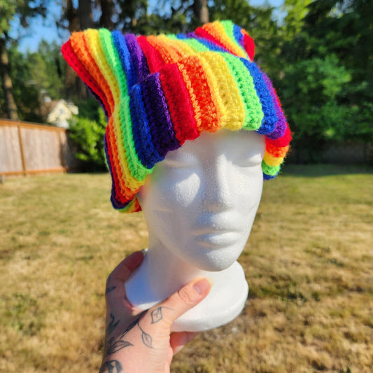 Crochet Ribbed Pride Cat Ear Beanie [MADE TO ORDER]