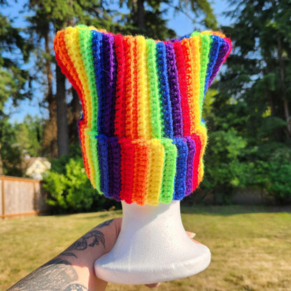 Crochet Ribbed Pride Cat Ear Beanie [MADE TO ORDER]