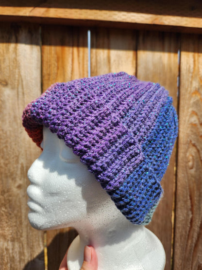 Crochet Ribbed Rainbow Sparkle Beanie